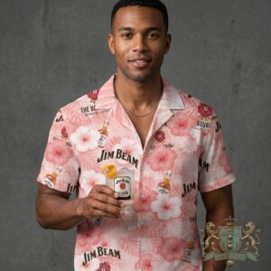 Jim Beam No King Just Bourbon Skeleton Hands Floral Hawaiian Shirt