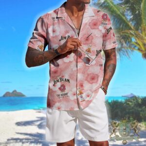 Jim Beam No King Just Bourbon Skeleton Hands Floral Hawaiian Shirt