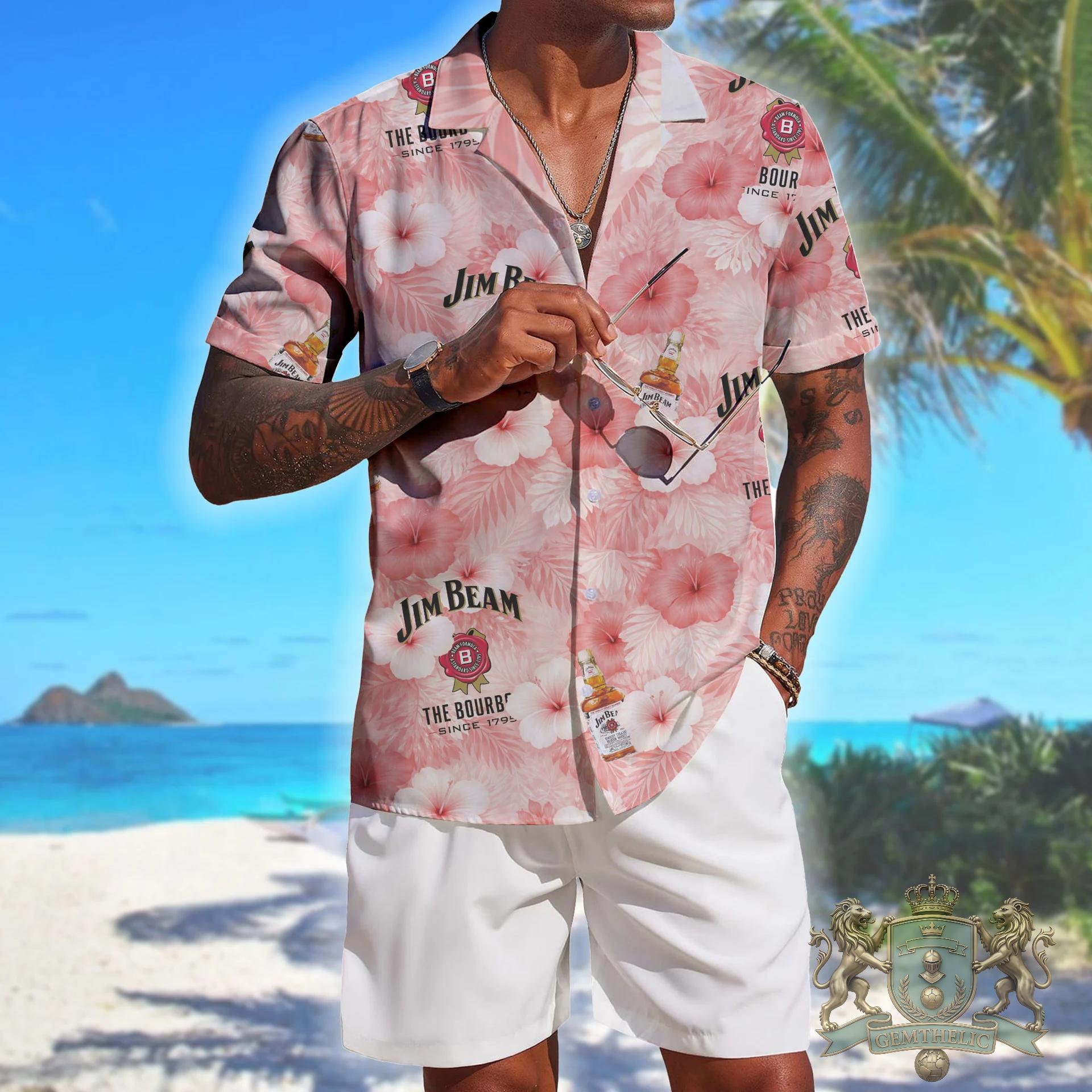 Jim Beam No King Just Bourbon Skeleton Hands Floral Hawaiian Shirt - Detail View