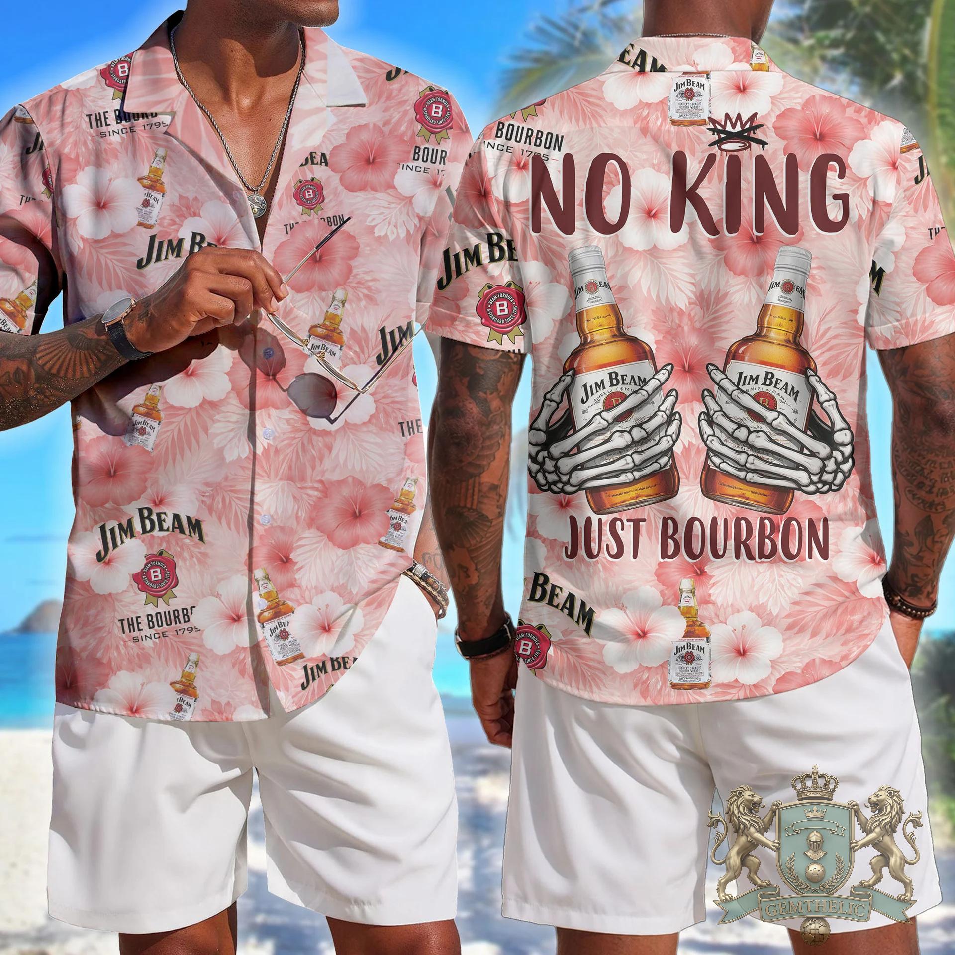 Jim Beam No King Just Bourbon Skeleton Hands Floral Hawaiian Shirt - Front View