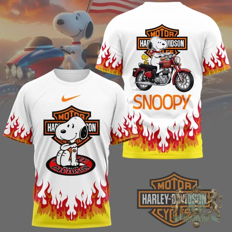 Snoopy Harley-Davidson Flames Motorbike 3D T-Shirt - Front View