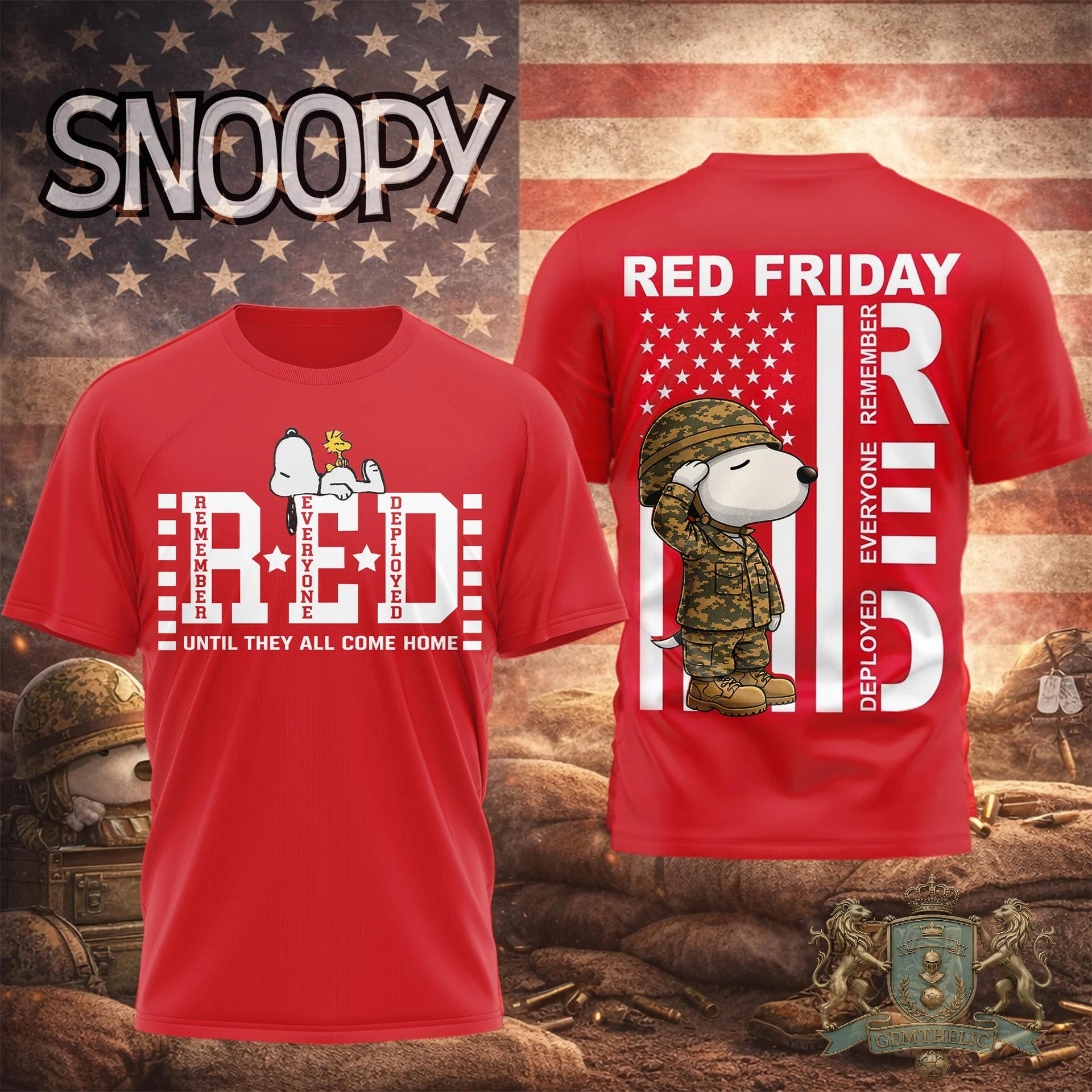 Snoopy RED Friday Remember Everyone Deployed Military T-Shirt - Front View