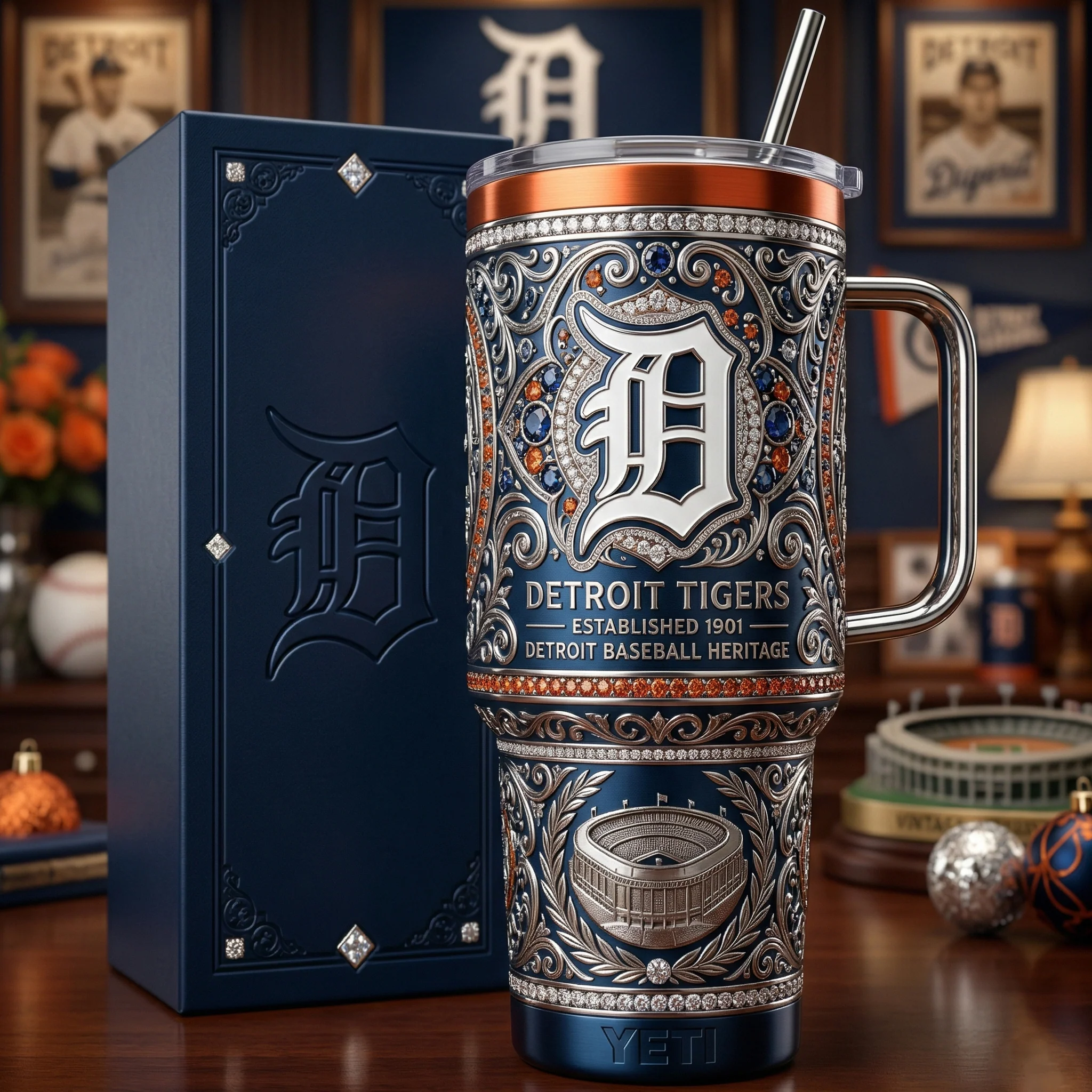 Detroit Tigers Established 1901 Detroit Baseball Heritage Ornate Tumbler - Front View