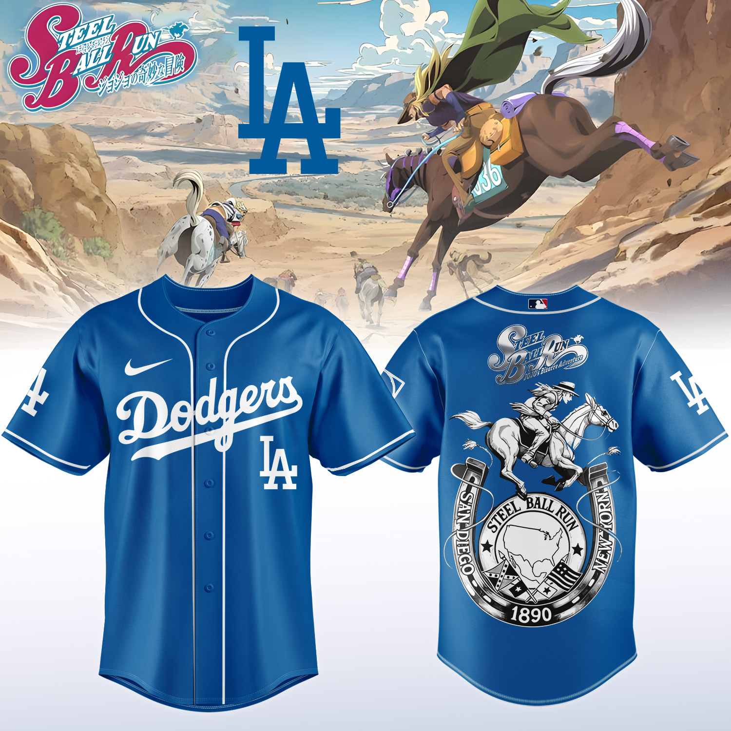 Los Angeles Dodgers JoJo's Bizarre Adventure Steel Ball Run Baseball Jersey - Front View