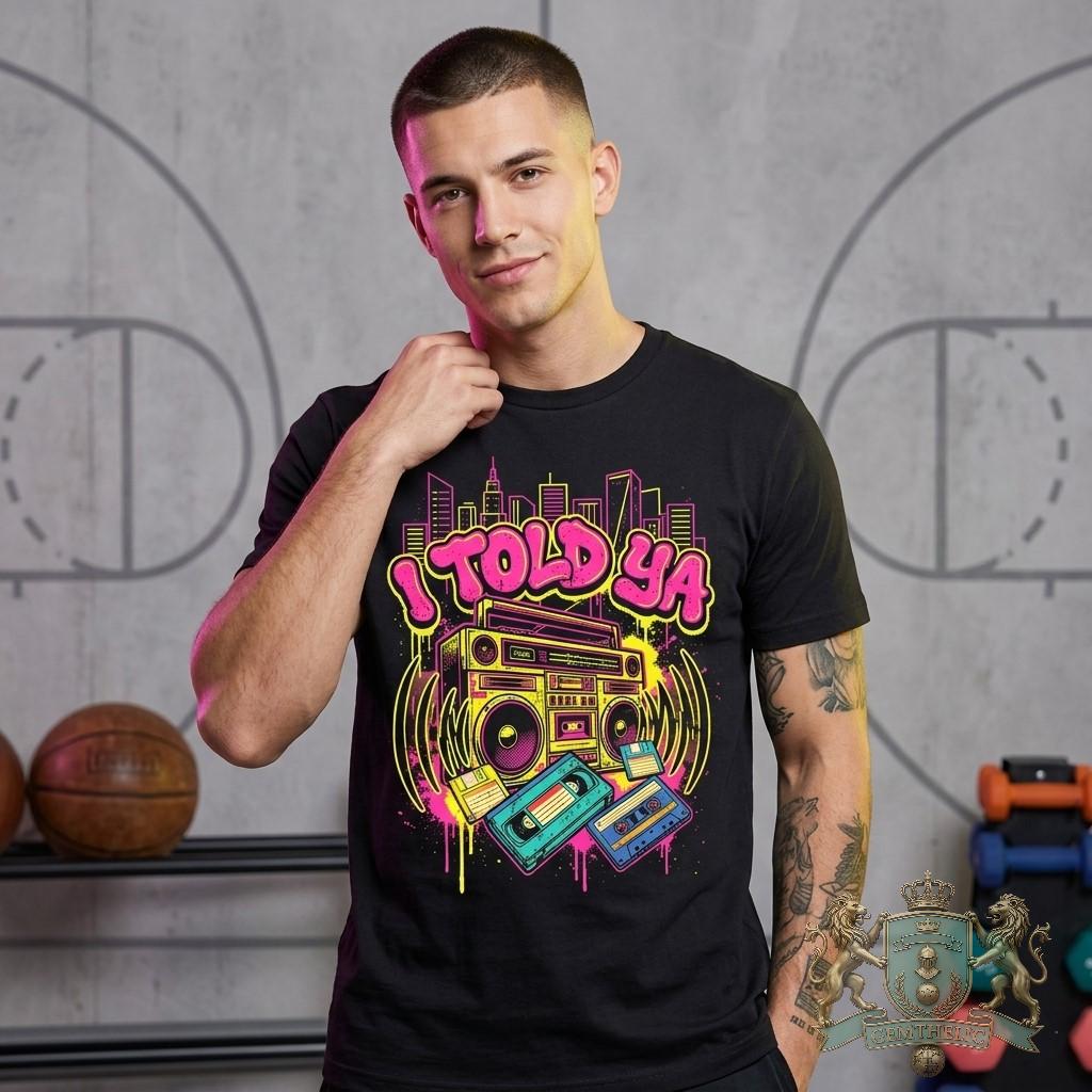 I Told Ya Retro 80s Hip Hop Boombox T-Shirt - Detail View