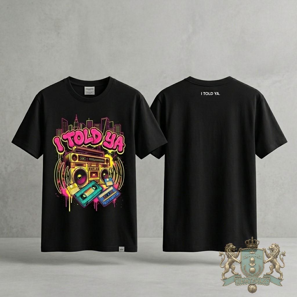 I Told Ya Retro 80s Hip Hop Boombox T-Shirt - Front View