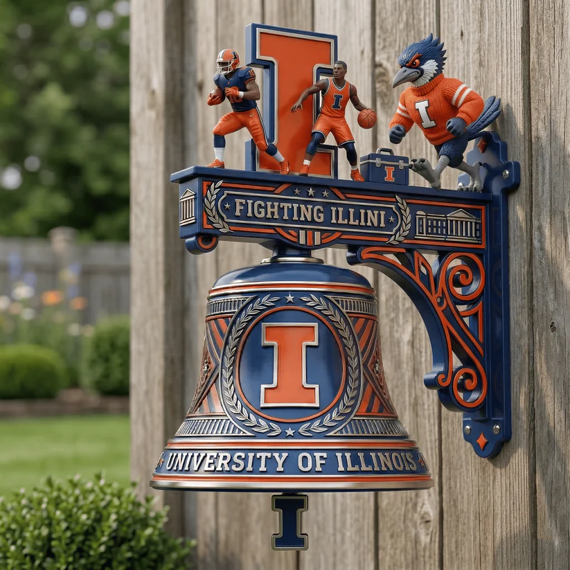 Fighting Illini Football Basketball Mascot Wall Hanging Spirit Bell - Detail View
