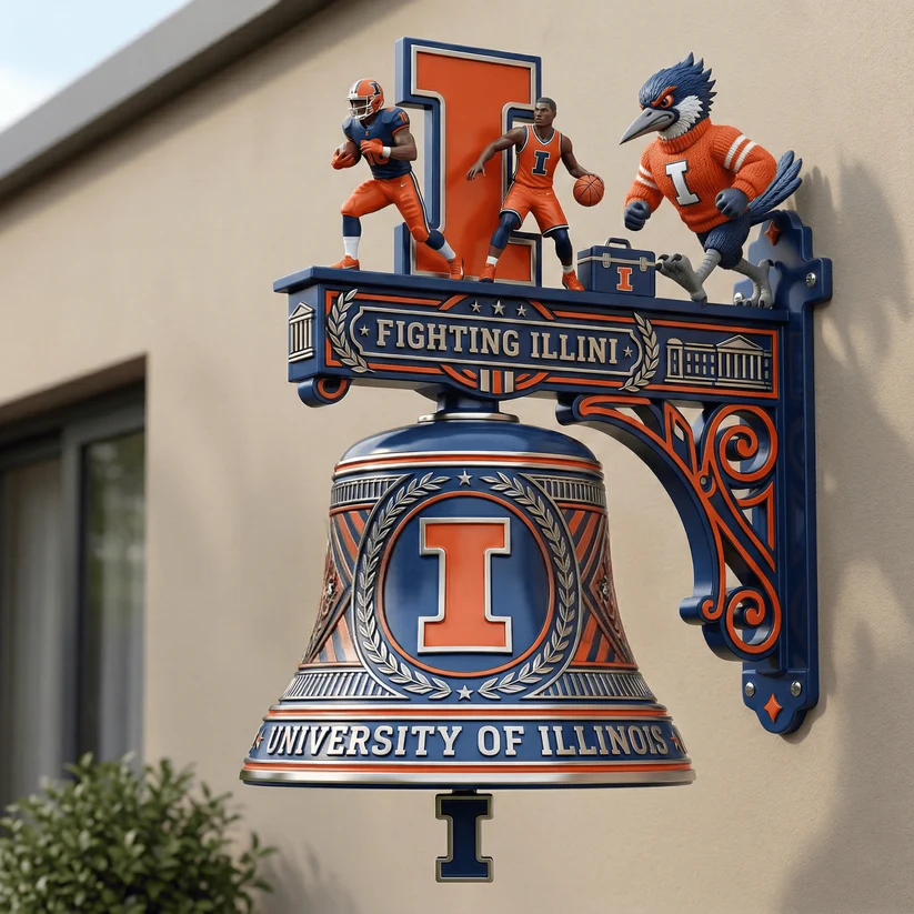 Fighting Illini Football Basketball Mascot Wall Hanging Spirit Bell - Front View