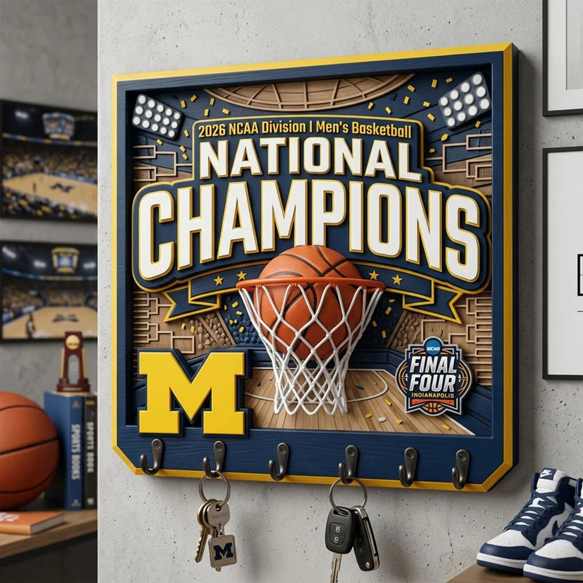 Michigan Wolverines 2026 NCAA Men's Basketball National Champions Wooden Key Holder - Front View