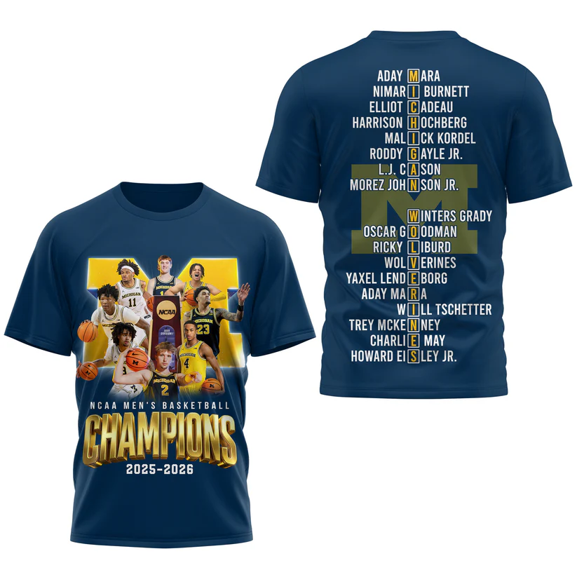 Michigan Wolverines NCAA Men's Basketball Champions 2025-2026 Roster T-Shirt - Detail View