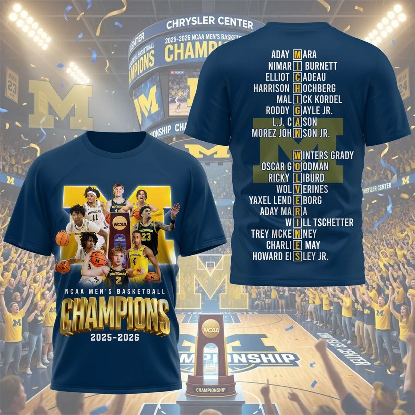 Michigan Wolverines NCAA Men's Basketball Champions 2025-2026 Roster T-Shirt - Front View