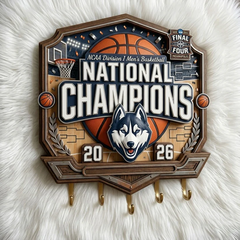 UConn Huskies NCAA Men Basketball National Champions Wooden Plaque Key Holder - Detail View