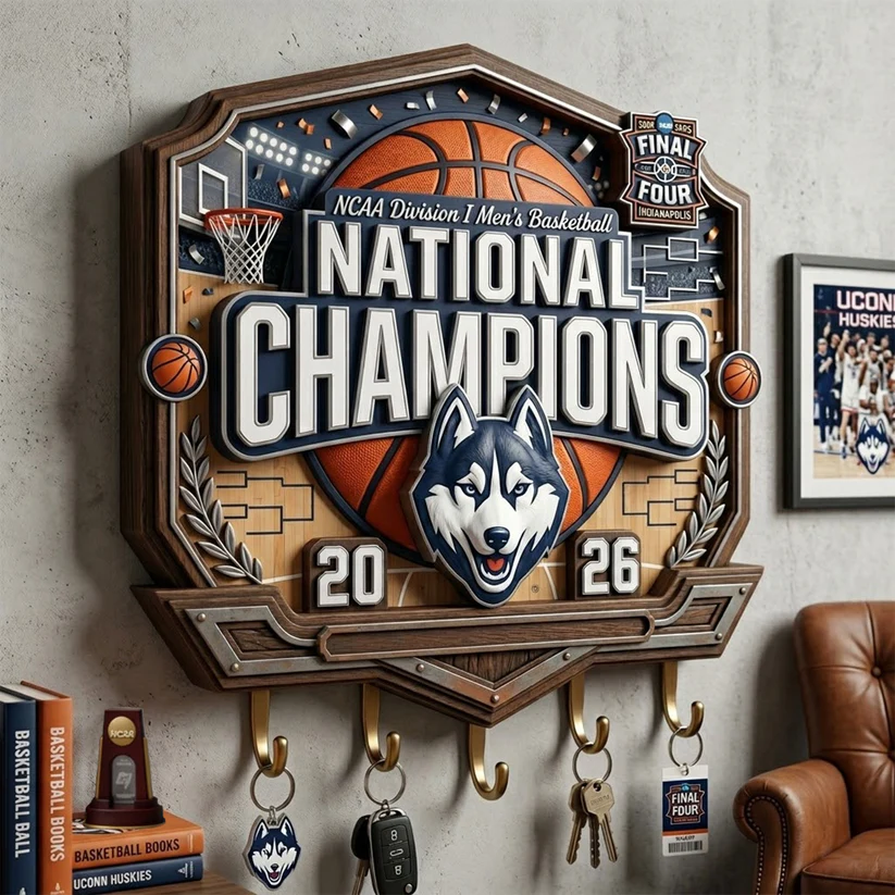 UConn Huskies NCAA Men Basketball National Champions Wooden Plaque Key Holder - Front View