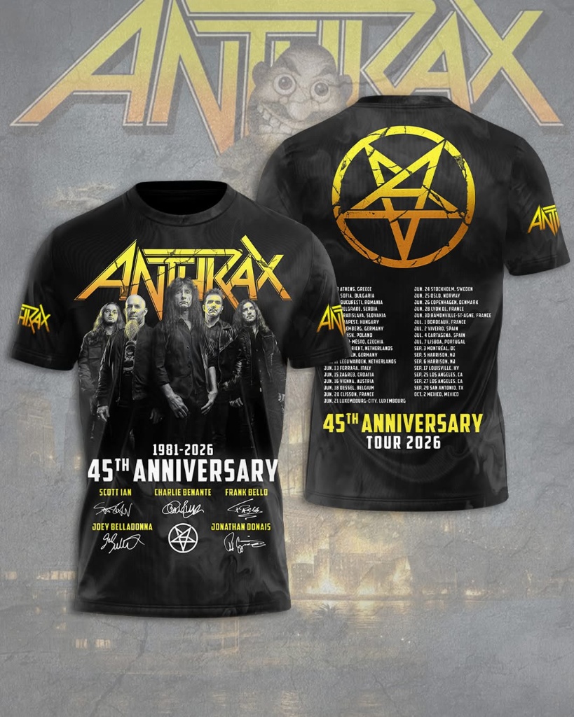 Anthrax 45th Anniversary Tour 2026 Signed T-Shirt - Front View