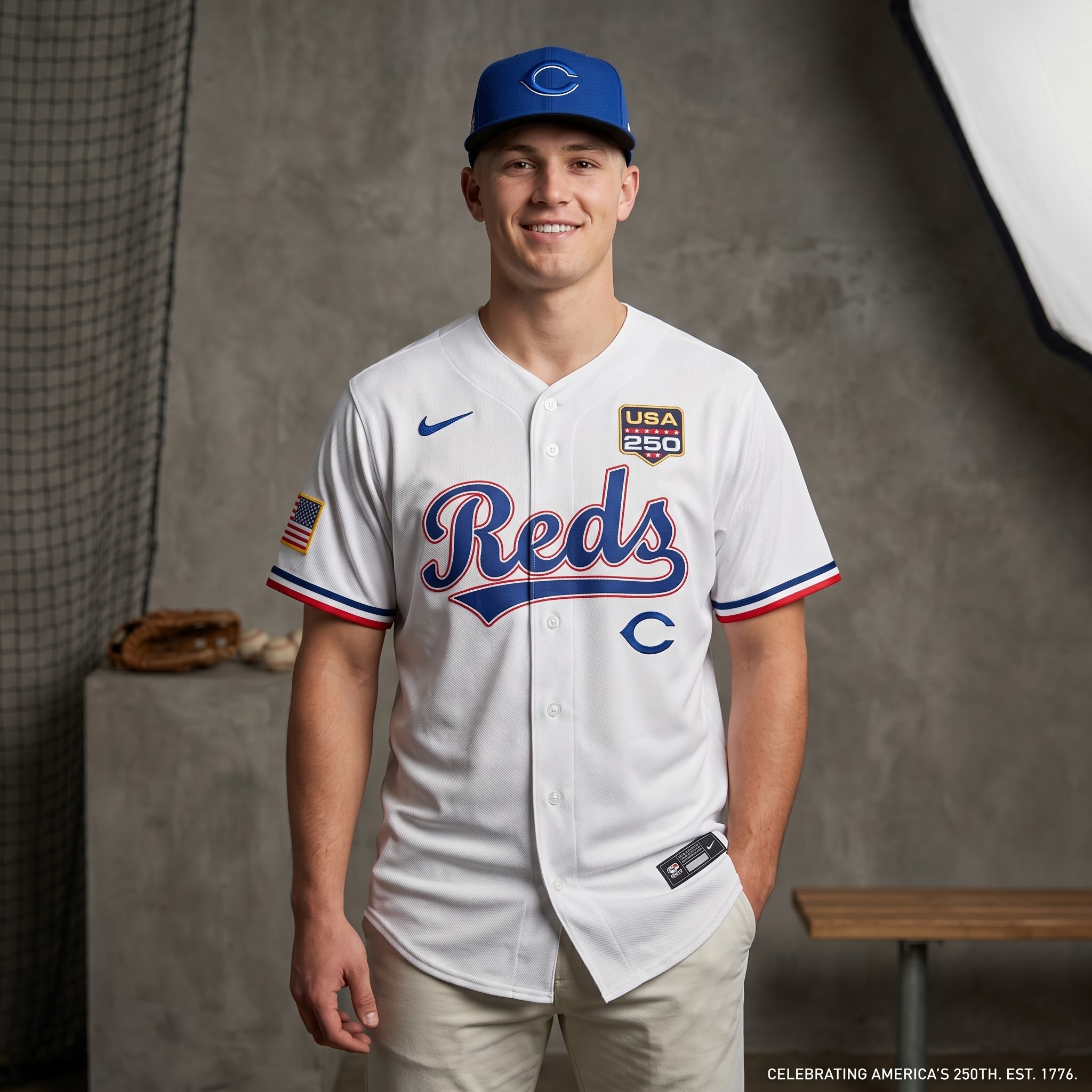 Cincinnati Reds Celebrating America's 250th Anniversary Baseball Jersey - Detail View