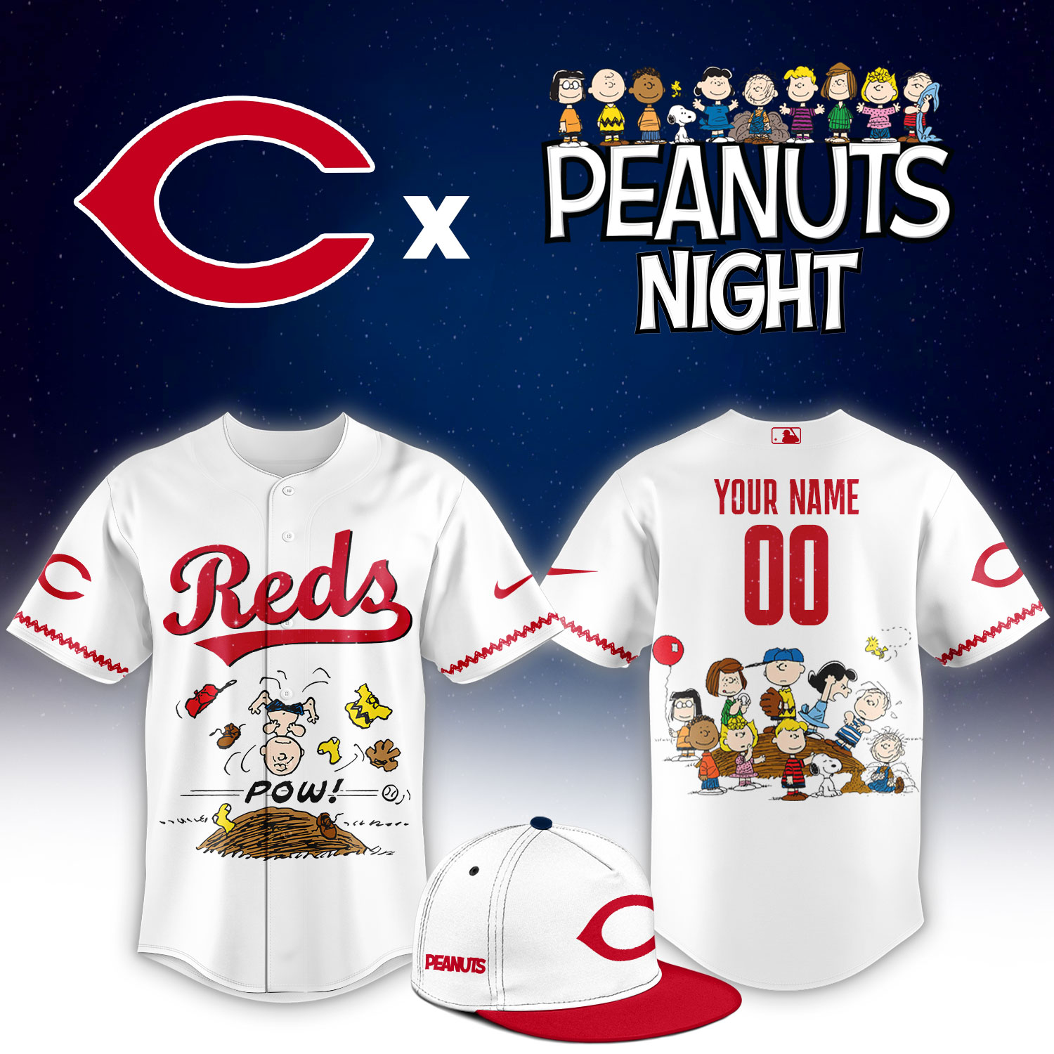 Cincinnati Reds Peanuts Night Custom Baseball Jersey - Front View
