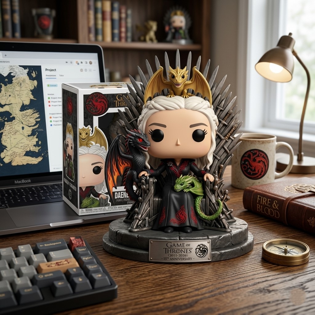Game Of Thrones Daenerys Targaryen on Iron Throne with Dragons 15th Anniversary Funko Pop - Detail View