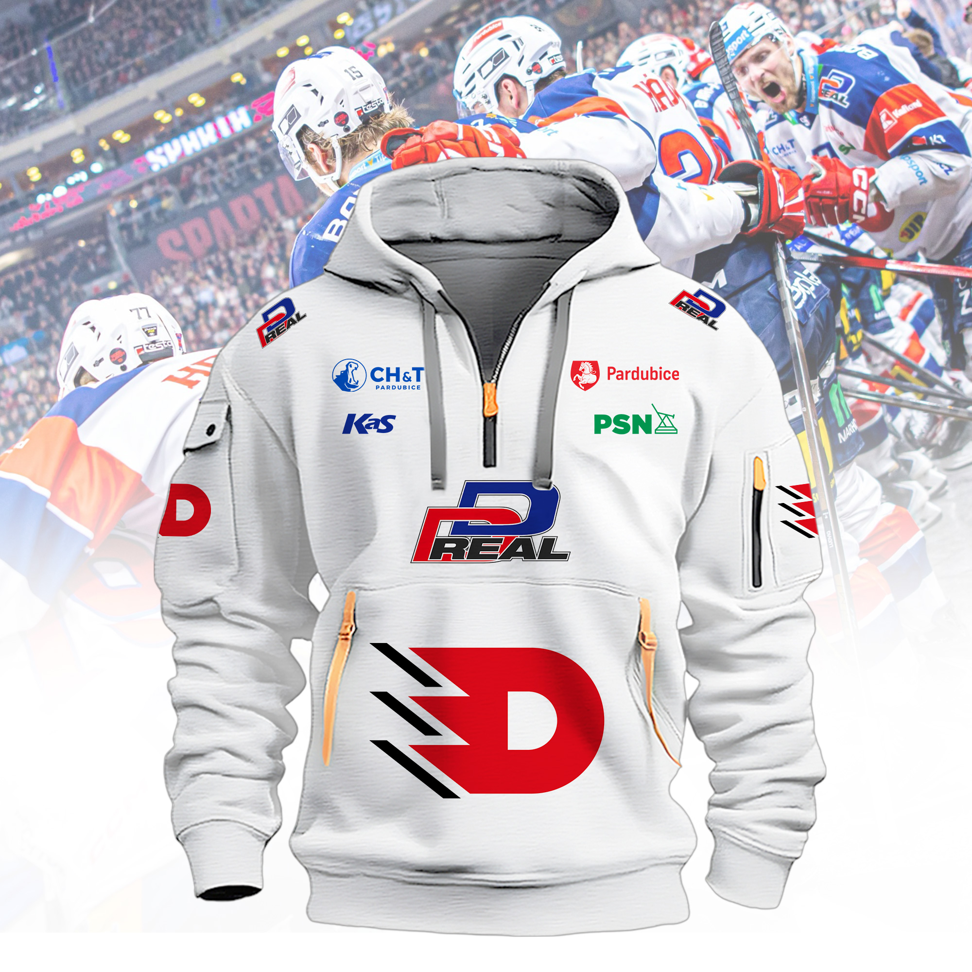 HC Dynamo Pardubice P REAL Sponsors 3D Quarter-Zip Hoodie - Front View