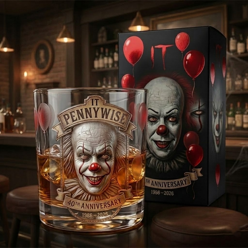 IT Pennywise 40th Anniversary 1986-2026 Whiskey Glass - Front View