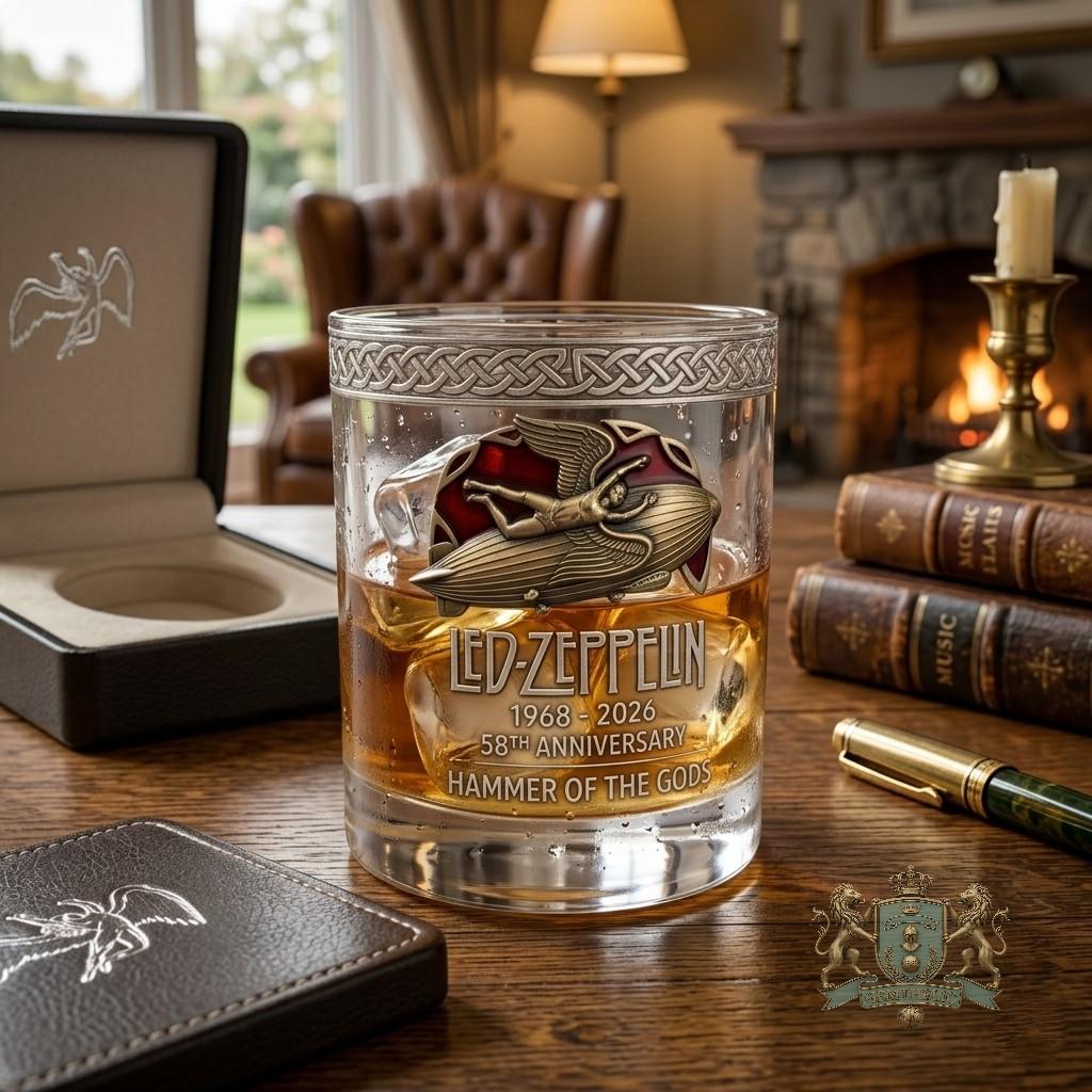 Led Zeppelin 58th Anniversary 1968-2026 Hammer Of The Gods Whiskey Glass - Detail View