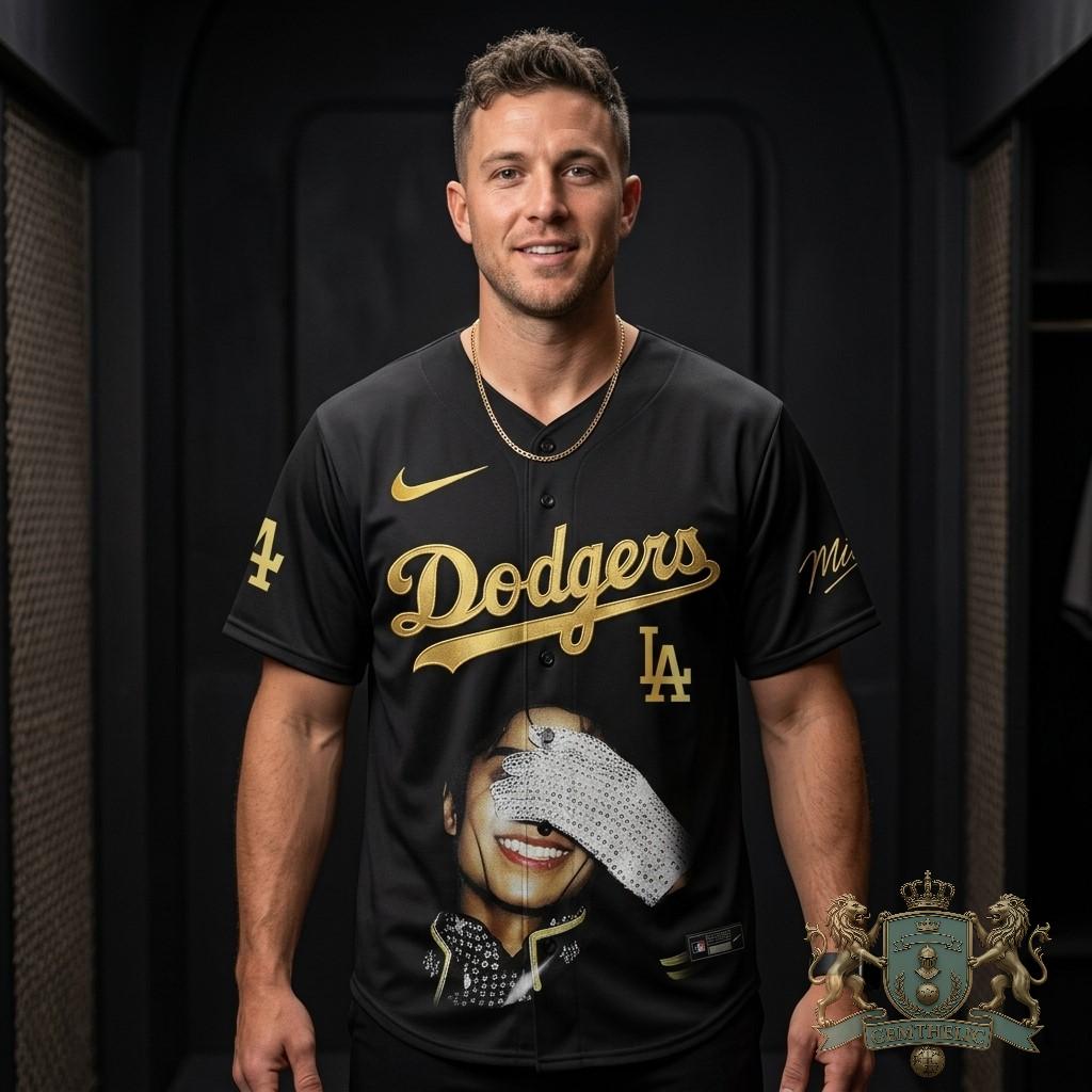 Los Angeles Dodgers Michael Jackson Black Gold Baseball Jersey - Front View