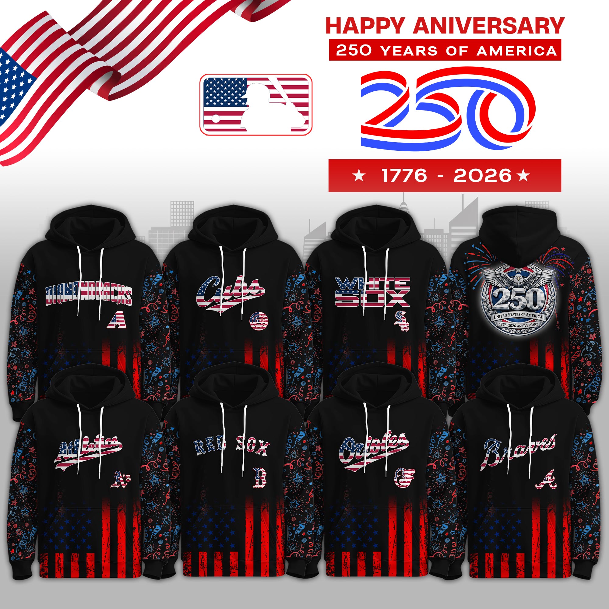 MLB 250th Anniversary of America 1776-2026 Hoodie - Front View