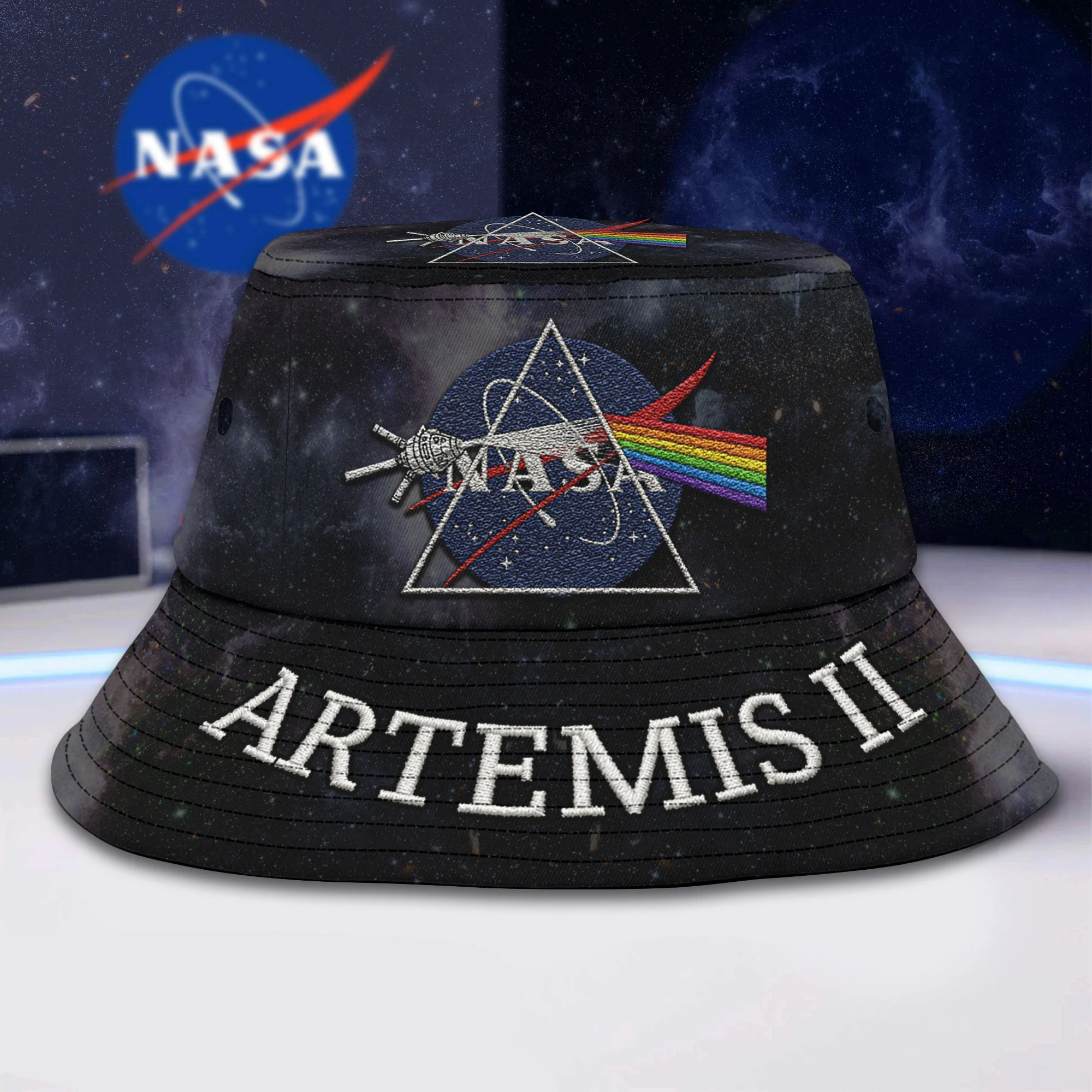 NASA Artemis II Pink Floyd The Dark Side Of The Moon Bucket Hat - Front View