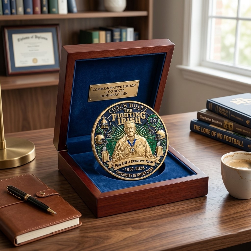 Notre Dame Fighting Irish Coach Holtz Play Like A Champion Today 1937-2026 Commemorative Coin - Detail View