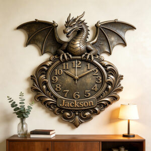 Personalized Carved Wood Dragon Wall Clock