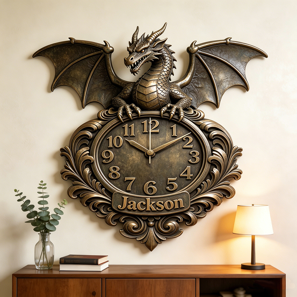 Personalized Carved Wood Dragon Wall Clock - Detail View