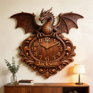 Personalized Carved Wood Dragon Wall Clock