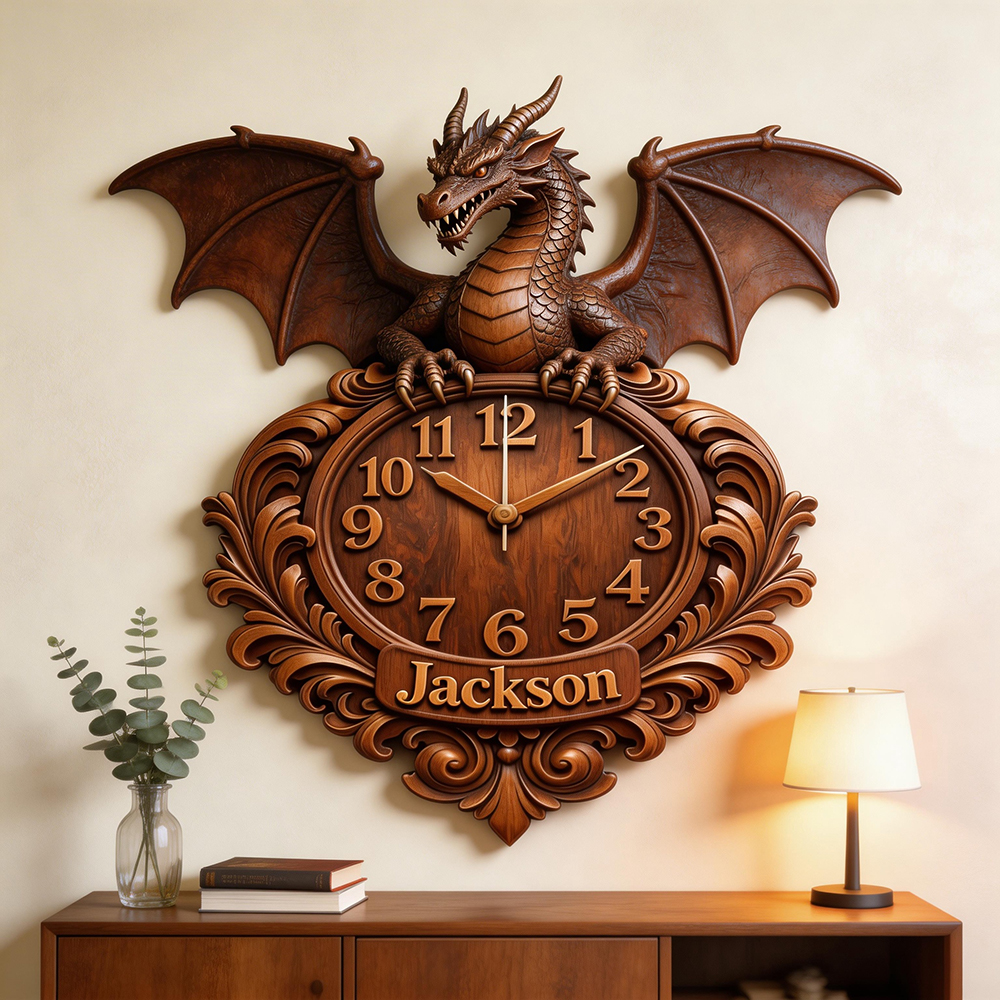Personalized Carved Wood Dragon Wall Clock - Front View