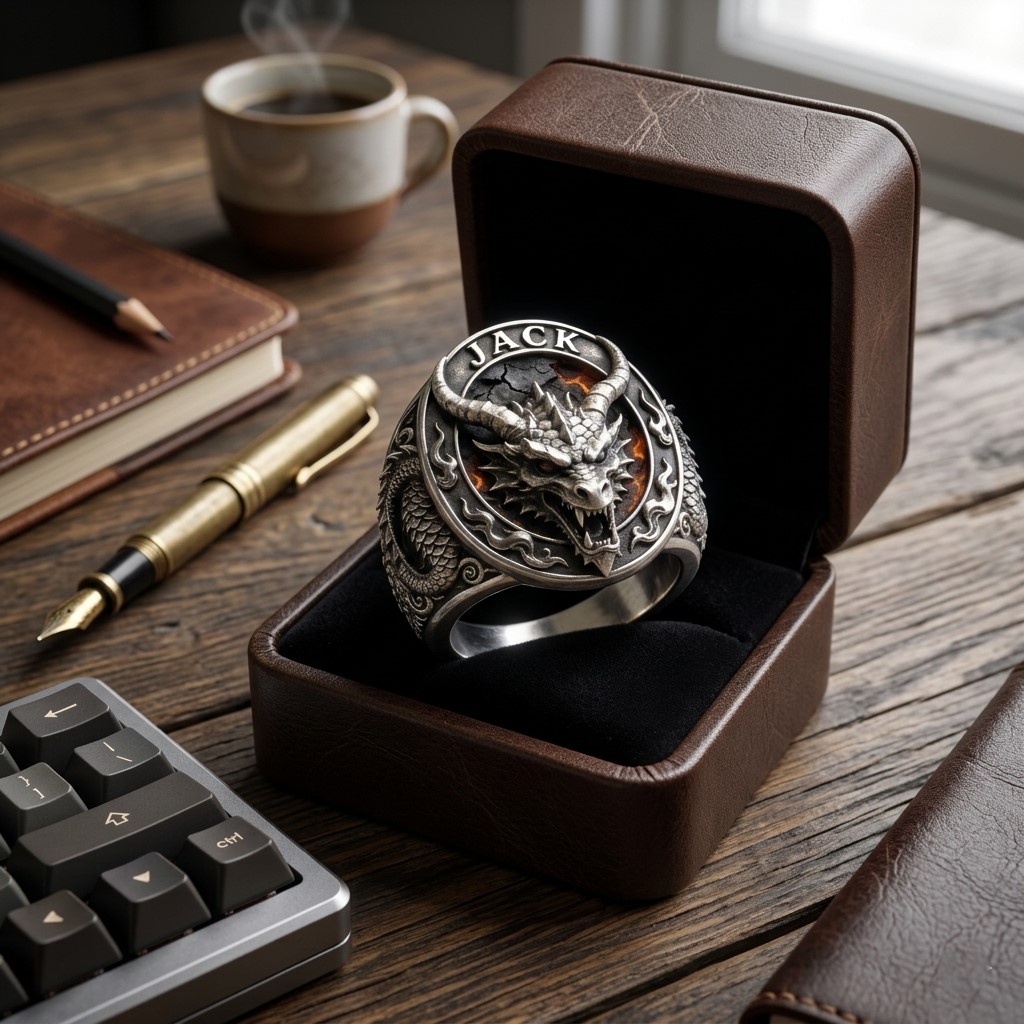 Personalized Name JACK Viking Dragon Ring - Detail View