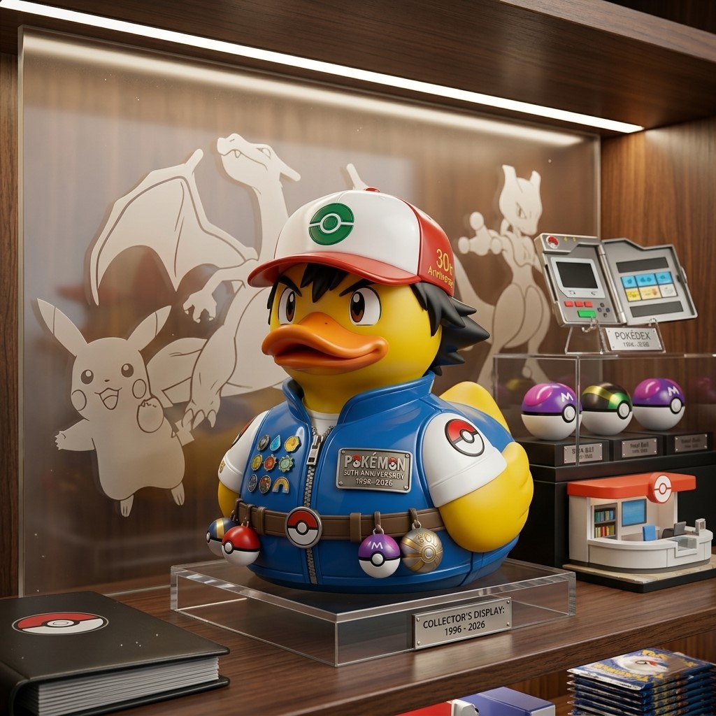 Pokémon 30th Anniversary 1996-2026 Ash Ketchum Rubber Duck - Detail View