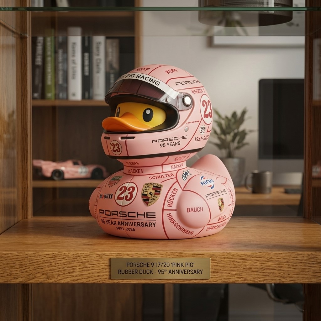 Porsche Pink Pig Racing 95 Year Anniversary Rubber Duck - Detail View