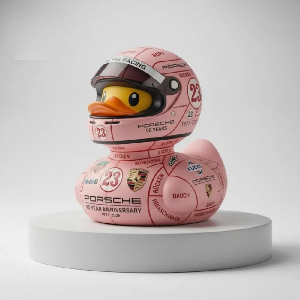 Porsche Pink Pig Racing 95 Year Anniversary Rubber Duck - Front View