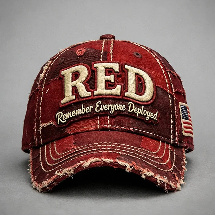 RED Remember Everyone Deployed Distressed Baseball Cap - Front View