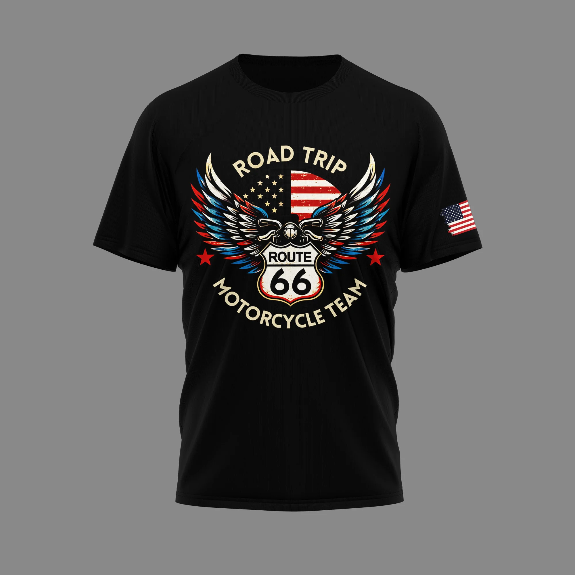 Route 66 Road Trip Motorcycle Team 100 Years Anniversary 1926-2026 T-Shirt - Detail View