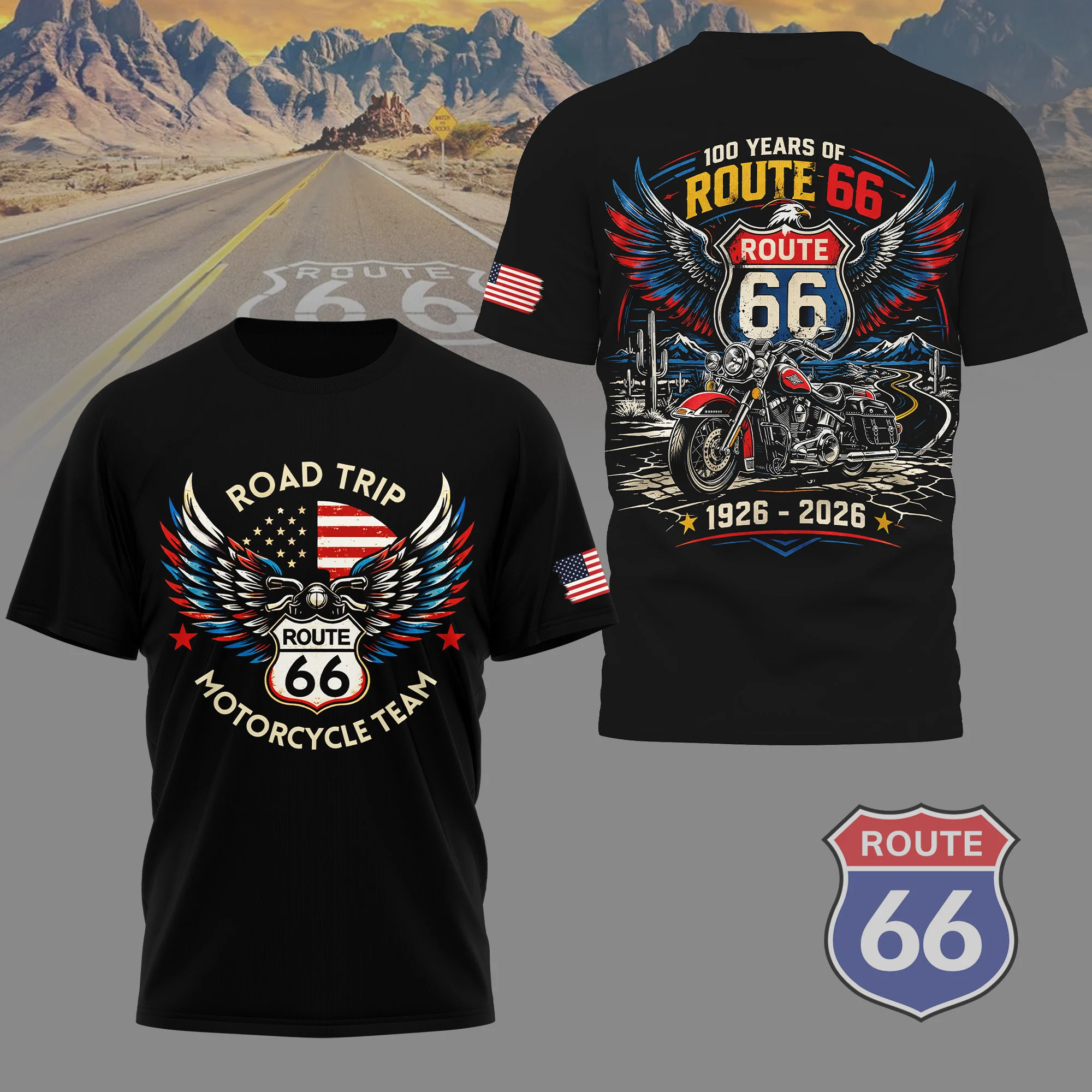 Route 66 Road Trip Motorcycle Team 100 Years Anniversary 1926-2026 T-Shirt