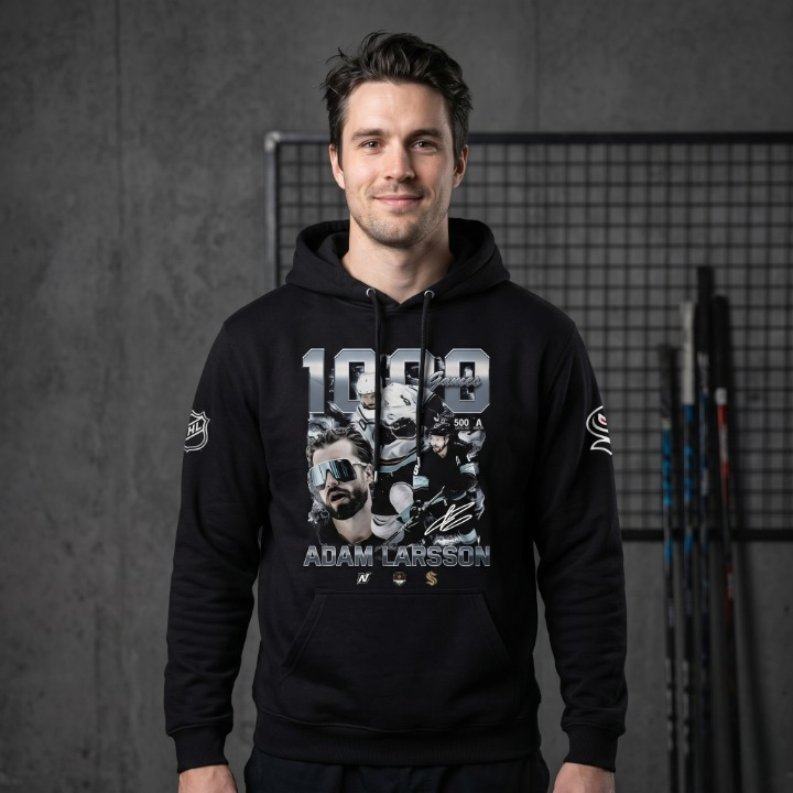 Seattle Kraken Adam Larsson 1000 Games Signed Hoodie - Front View