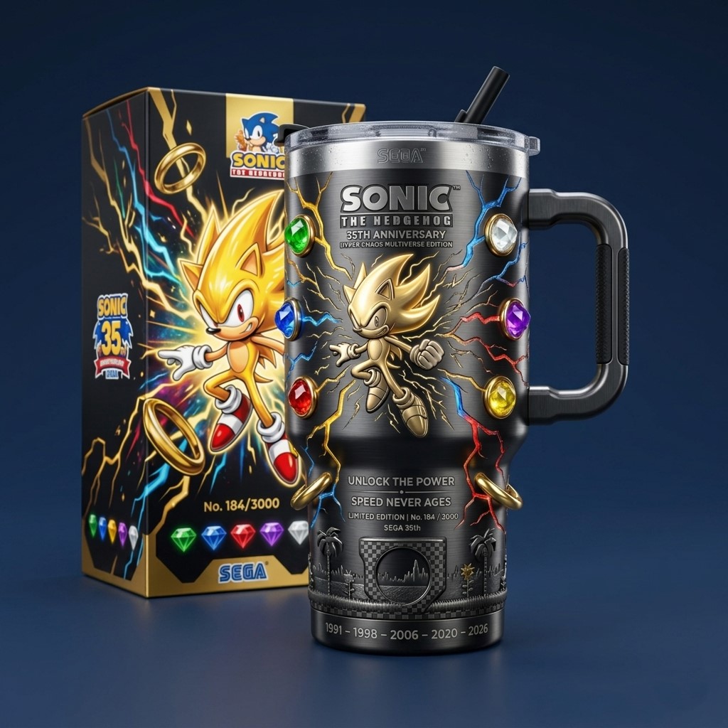 Sonic The Hedgehog 35th Anniversary Hyper Chaos Multiverse Edition Tumbler - Front View