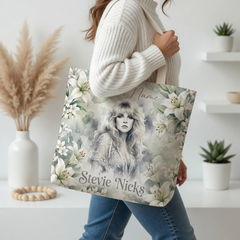 Stevie Nicks Personalized Watercolor White Lily Tote Bag - Detail View