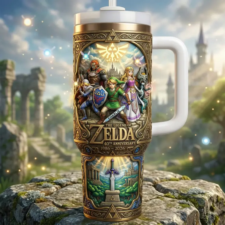 The Legend of Zelda 40th Anniversary 1986 - 2026 Tumbler With Handle - Detail View
