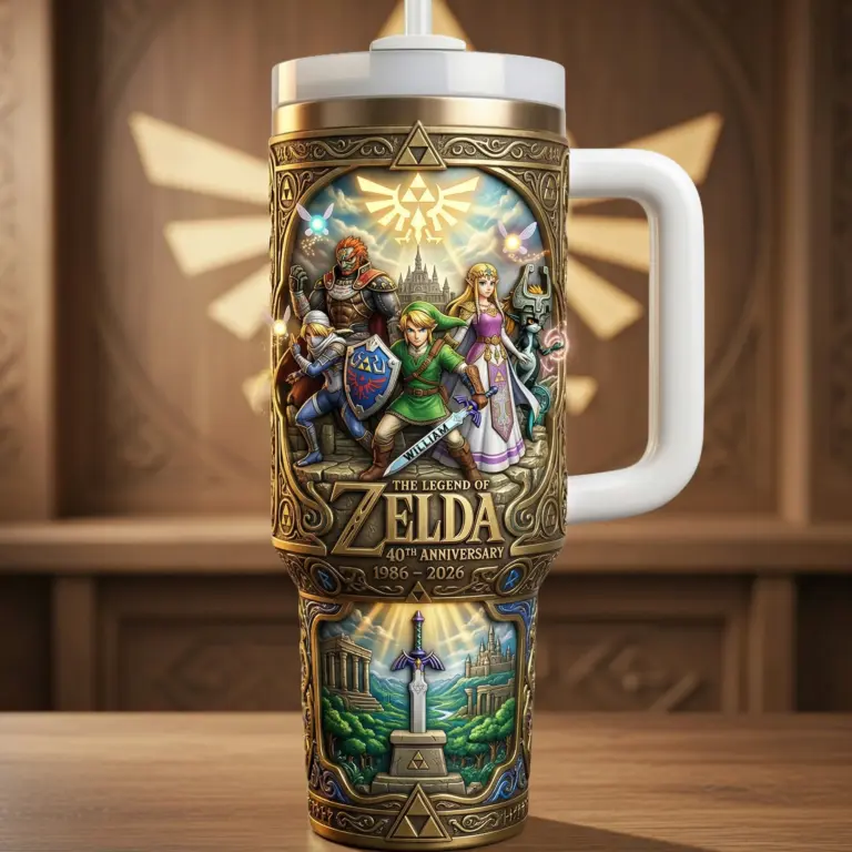 The Legend of Zelda 40th Anniversary 1986 - 2026 Tumbler With Handle - Front View