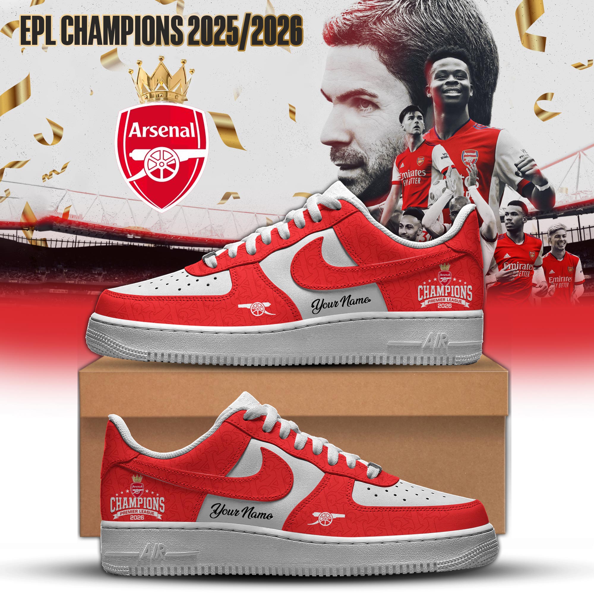Arsenal EPL Champions 2025/2026 Custom Sneakers - Front View