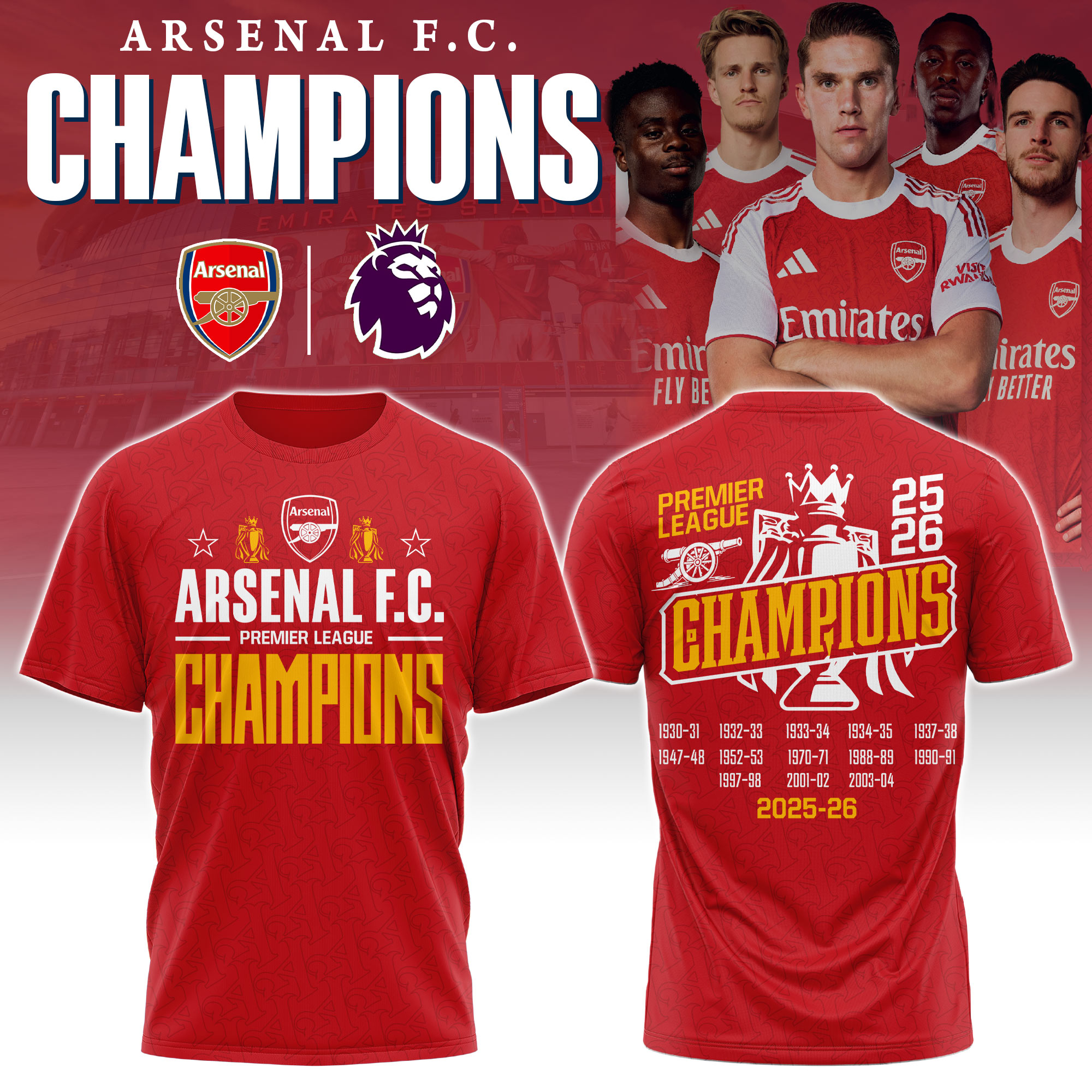 Arsenal 2025-26 Champions T-Shirt - Front View