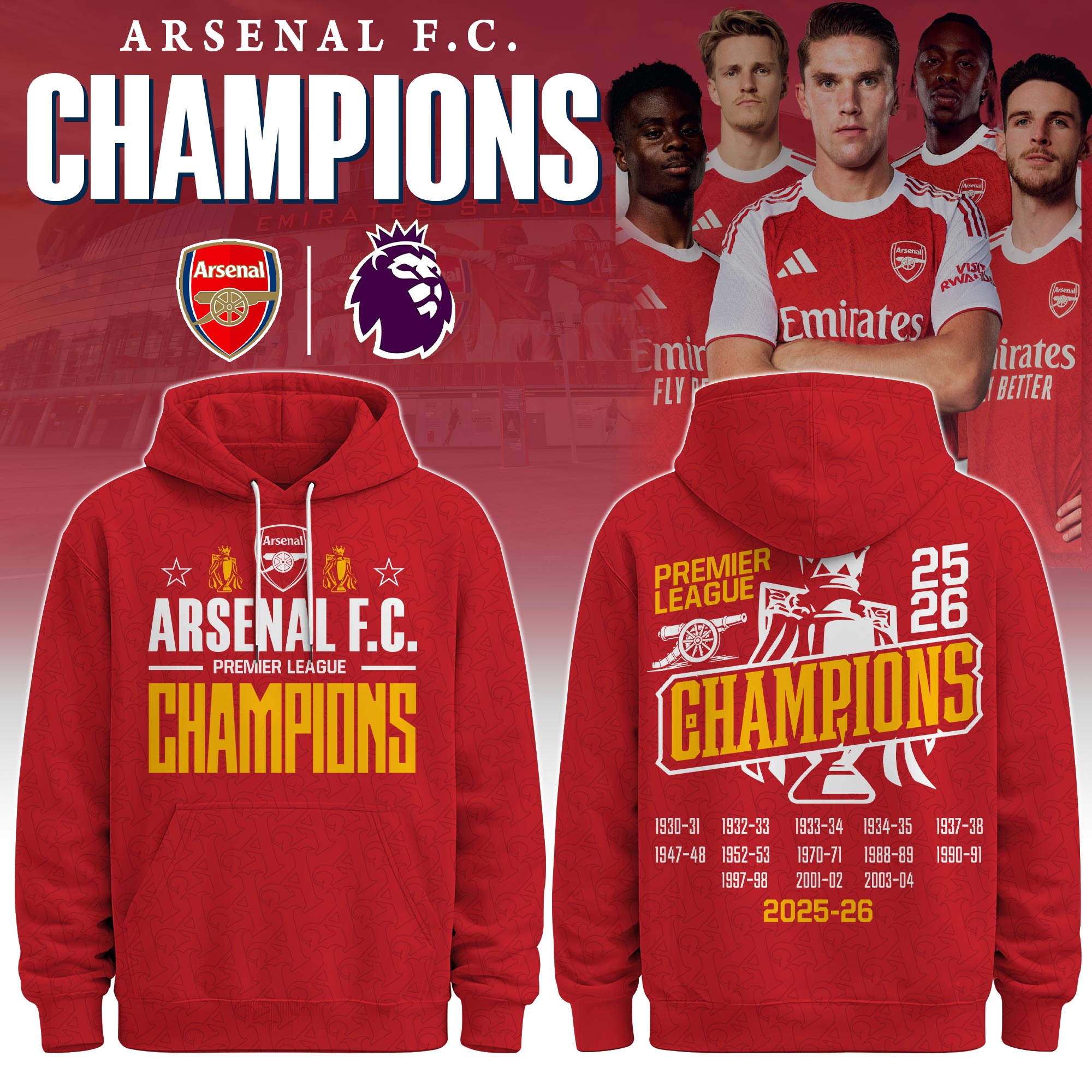 Arsenal Premier League Champions 2025-2026 Hoodie - Front View