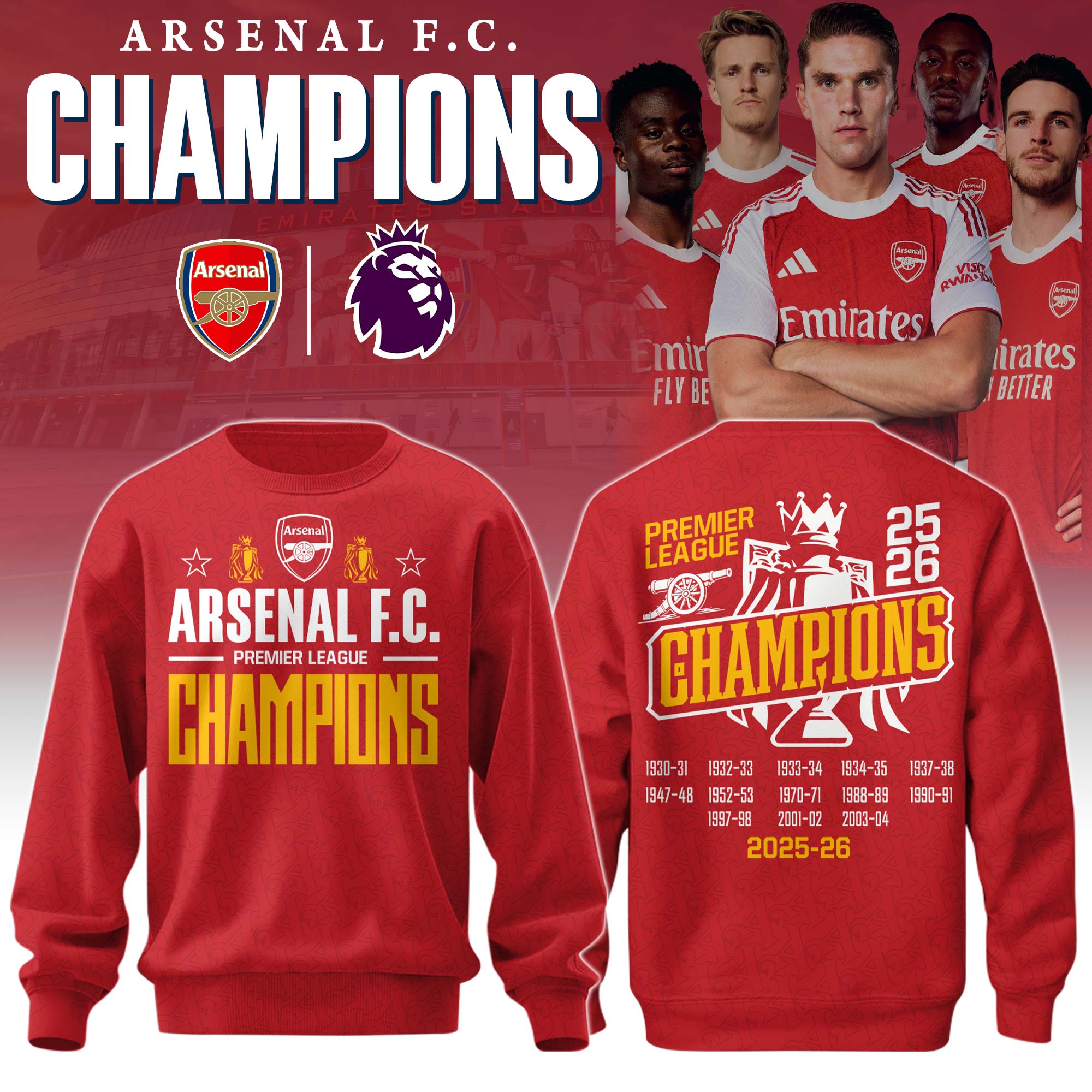 Arsenal Premier League Champions 2025-26 Sweatshirt - Front View