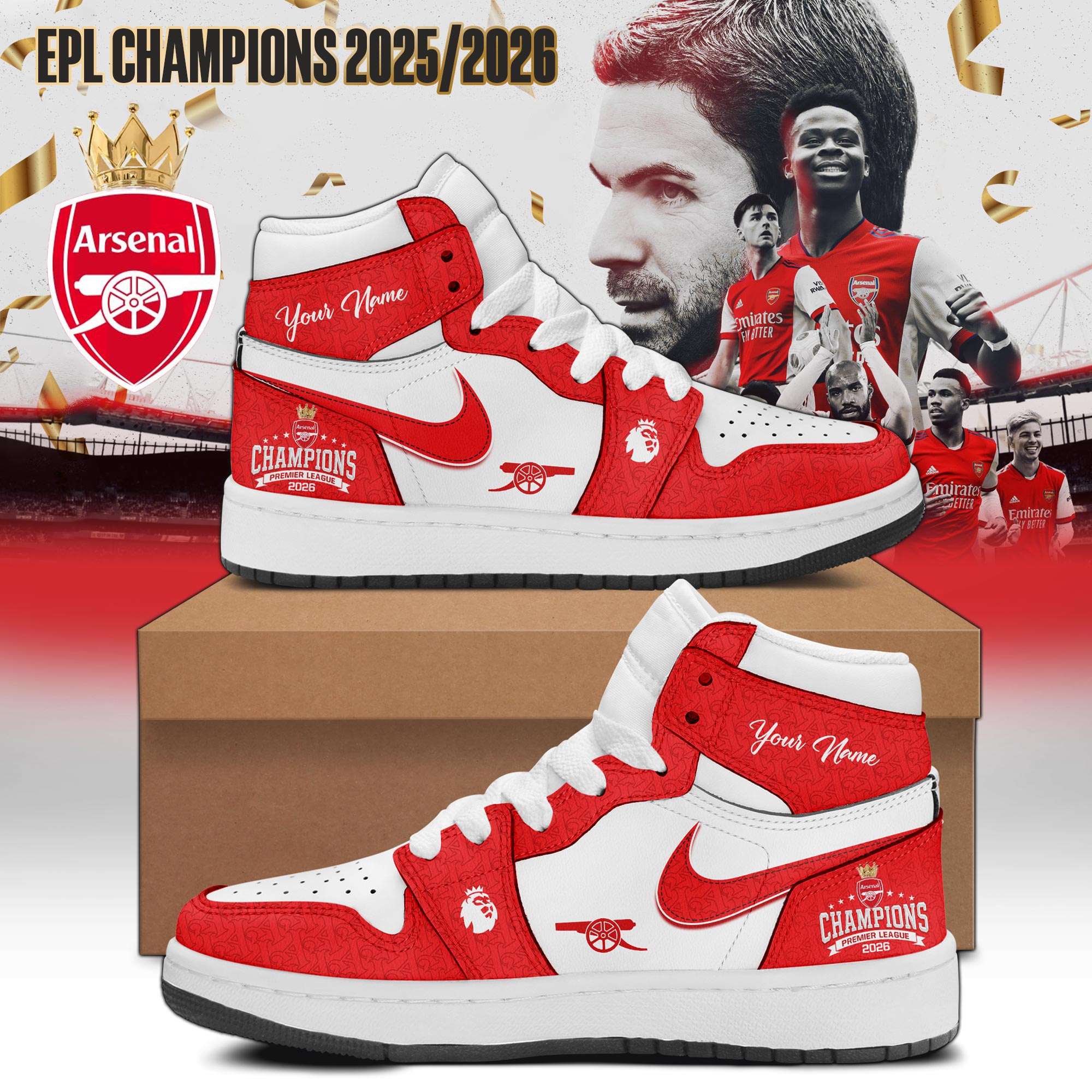 Arsenal EPL Champions 2025/2026 Premier League 2026 High-Top Sneakers - Front View