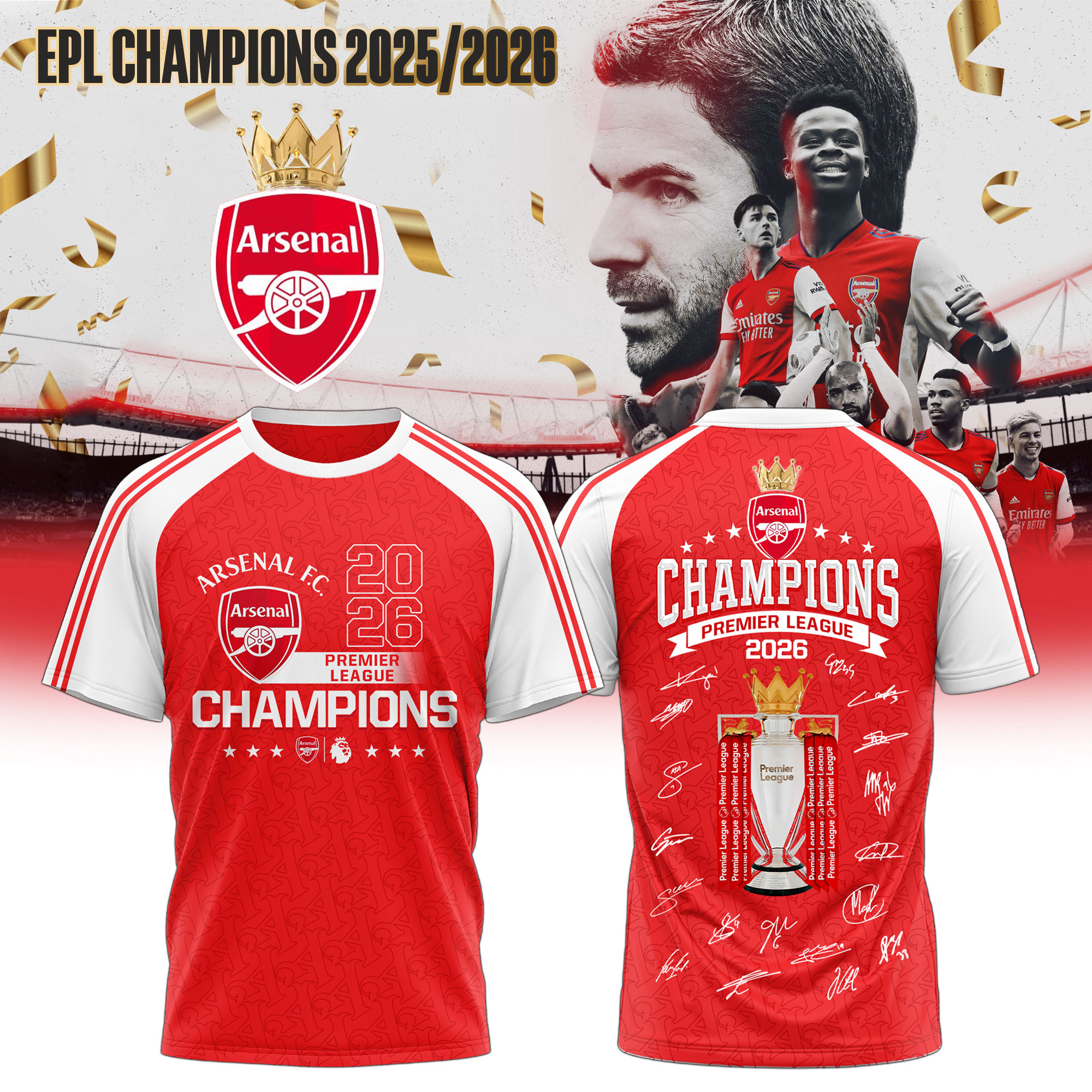 Arsenal Premier League Champions 2026 T-Shirt - Front View